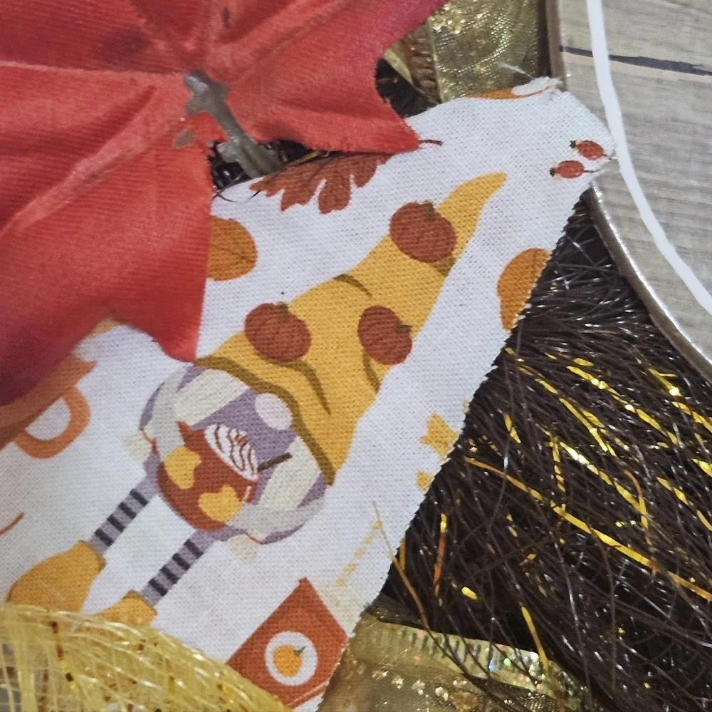 Hand Crafted handmade holiday wreath Harvest Blessings Gnome fabric plaid ribbon